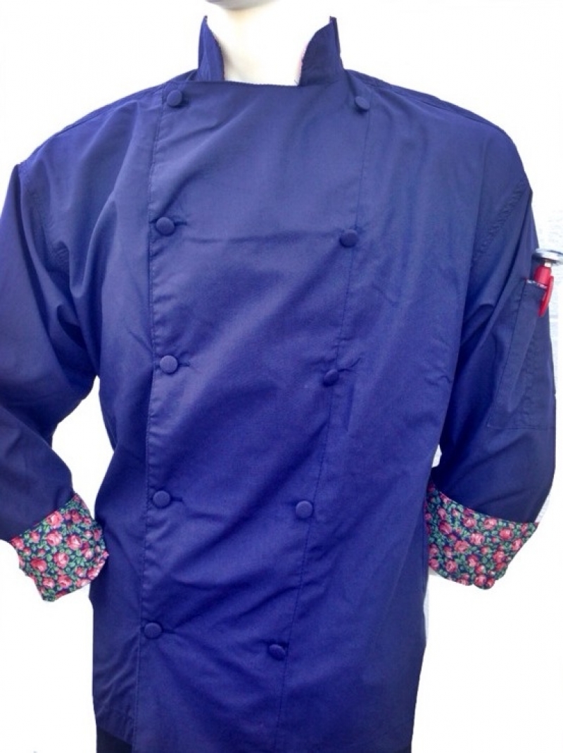  Chefskin -BEAUTIFUL FLORAL COLLAR AND HANDCUFF CHEFSKIN CHEF JACKET DARK BLUE 