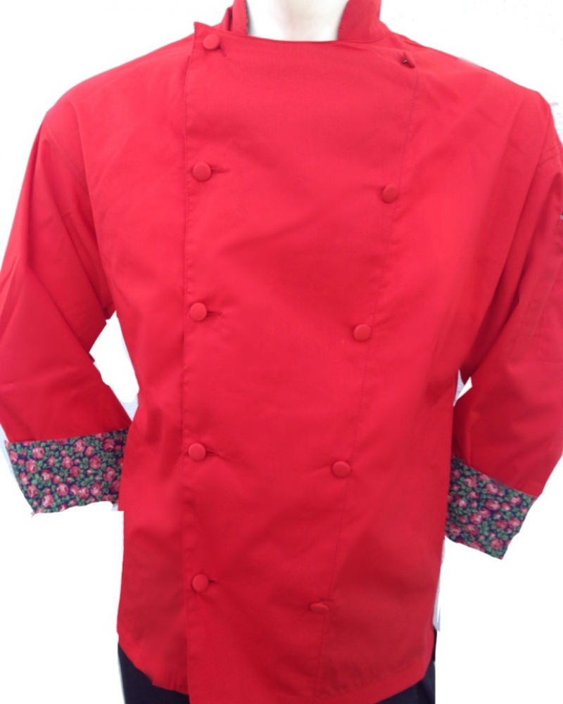  Chefskin -RED CHEFSKIN CHEF JACKET WITH BLACK FLORAL CUFFS AND COLLAR 