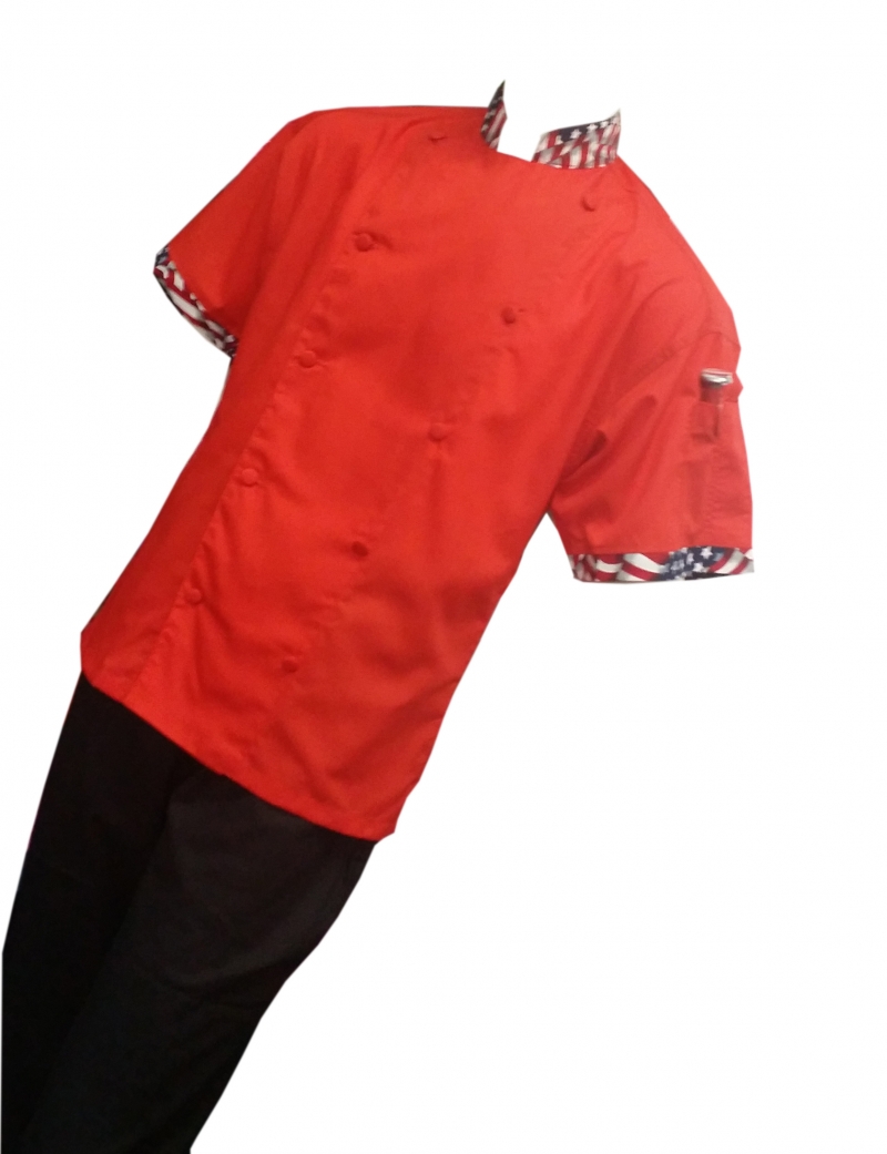  Chefskin -SHORT SLEEVE LIGHTWEIGHT JACKET - RED WITH AMERICAN FLAG DETAIL 