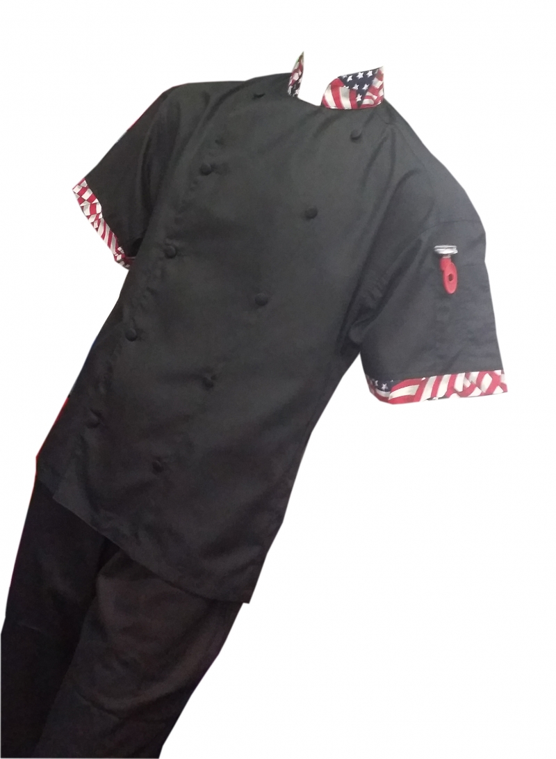  Chefskin -SHORT SLEEVE LIGHTWEIGHT JACKET - BLACK WITH AMERICAN FLAG DETAIL 