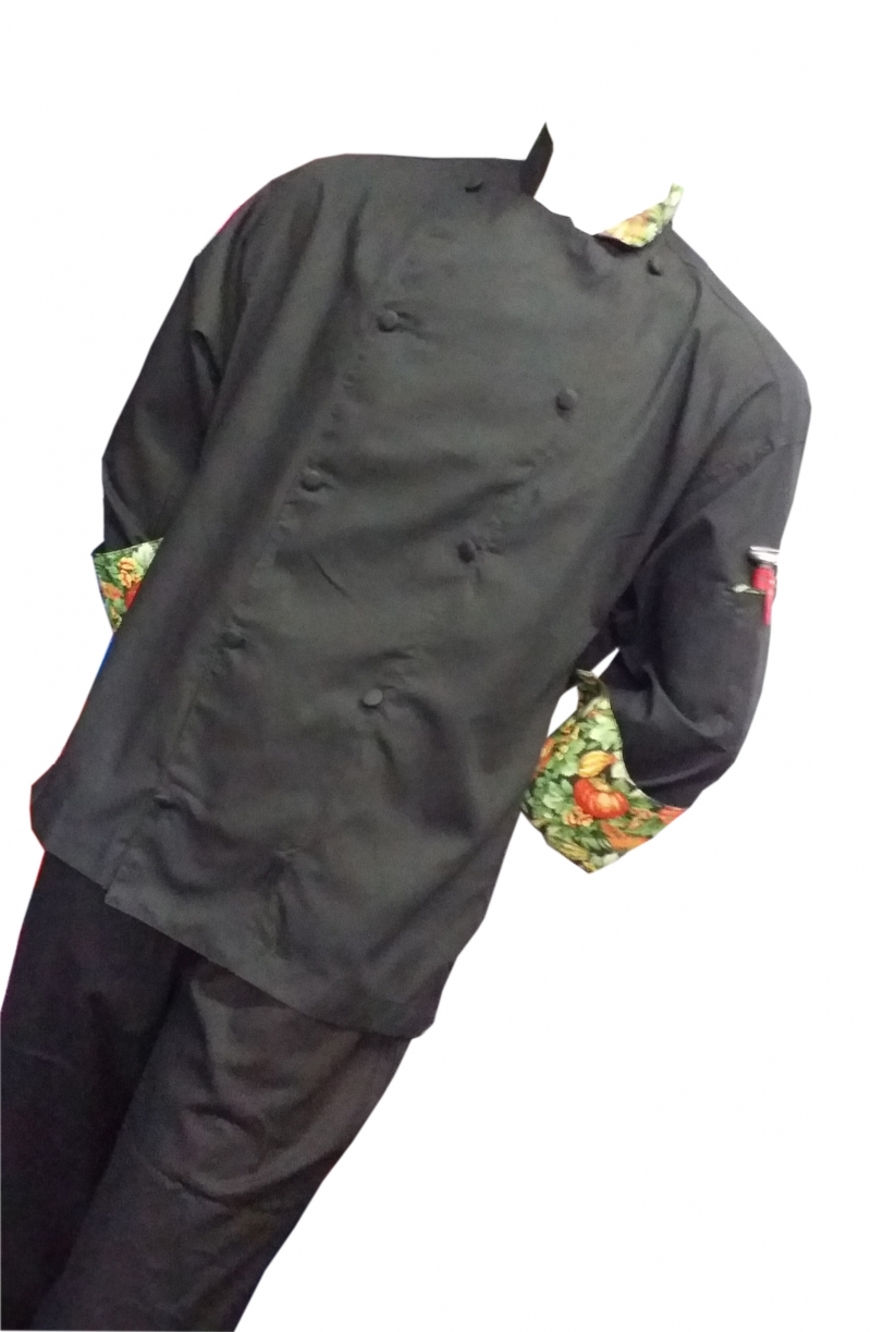  Chefskin -ADULT LONG SLEEVE CHEF JACKET - BLACK WITH PATTERNED CUFFS AND COLLAR 