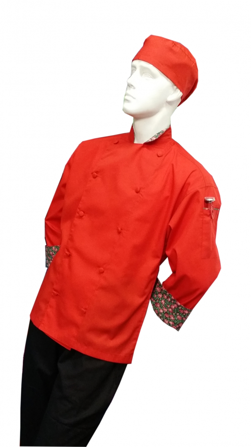  Chefskin -ADULT LONG SLEEVE CHEF JACKET - RED WITH FLOWER PATTERNED CUFFS AND COLLAR 